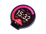 1.28 inch round IPS LCD display showing a colorful smartwatch fitness watchface with time, steps, distance, calories, and battery