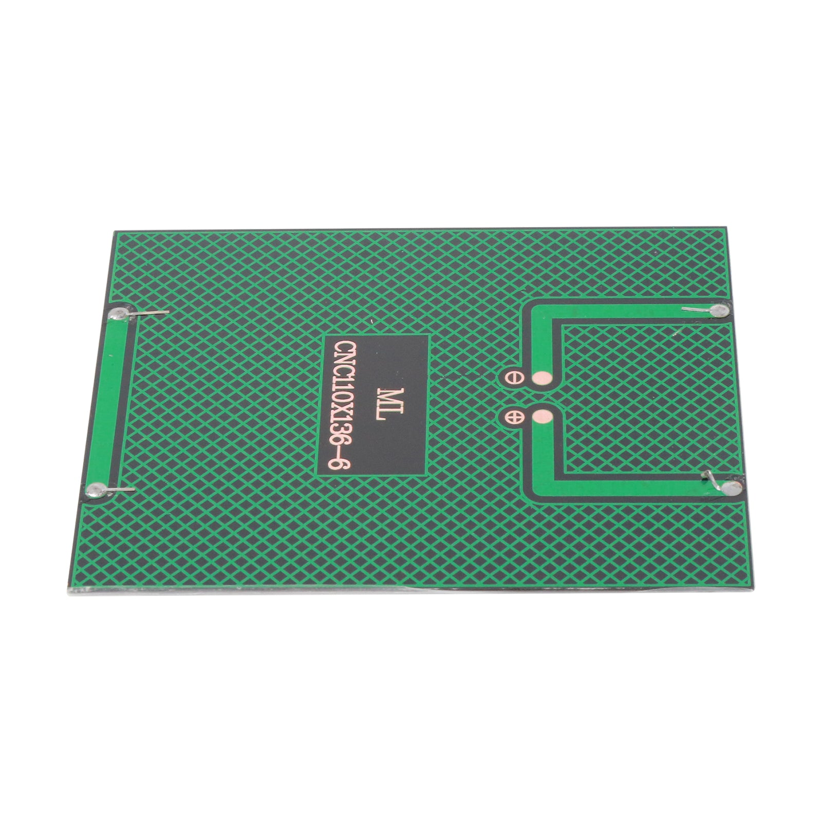 Backside closeup of 110x136mm 6V 2W solar panel showing circuit pattern and solder points