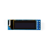 SSD1306 0.91 inch 128x32 pixel I2C OLED display module with pin labels for Arduino and ESP32