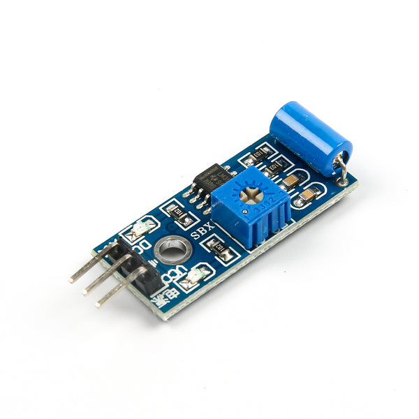 SW-420 vibration sensor module with blue potentiometer and cylindrical sensor for Arduino projects