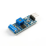 SW-420 vibration sensor module with blue adjustable potentiometer and three-pin connector for Arduino projects