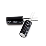 Close-up of two SW-520D tilt ball switch vibration sensors with black cylindrical bodies and metal leads