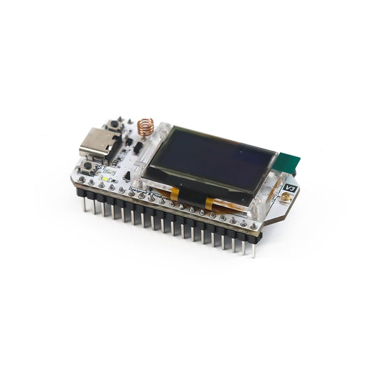 SX1262 ESP32-S3 development board with 0.96 inch blue OLED, antenna, and pre-soldered pins