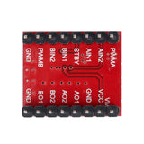 Close-up of TB6612FNG motor driver module showing labeled pins for PWM, BIN, AIN, GND, VCC, and VM