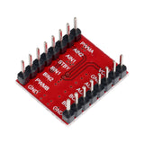 Close-up of TB6612FNG motor driver module showing pin labels and header pins for Arduino and ESP32