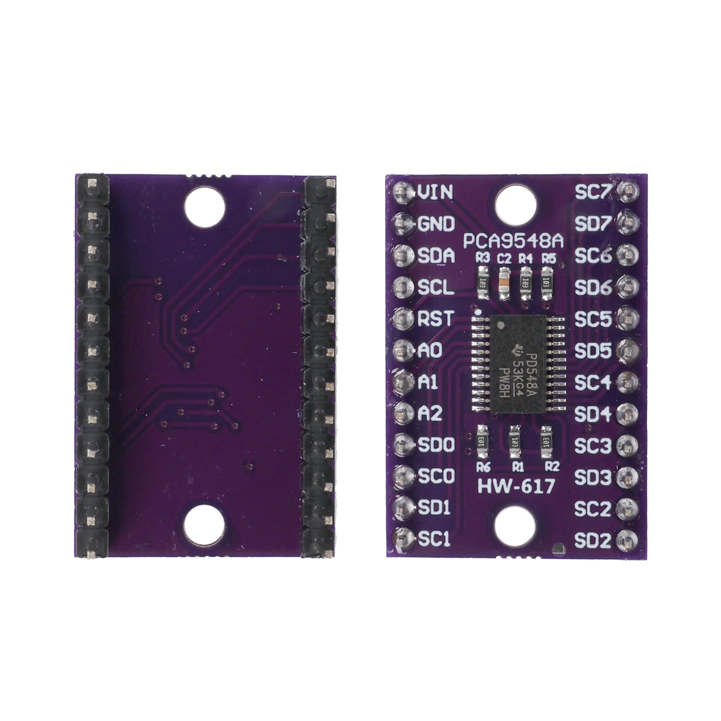 TCA9548A 1-to-8 I2C multiplexer module showing front with chip and pins and back side with pin headers