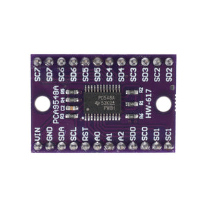 TCA9548A 1-to-8 channel I2C multiplexer module with labeled pins and integrated circuit
