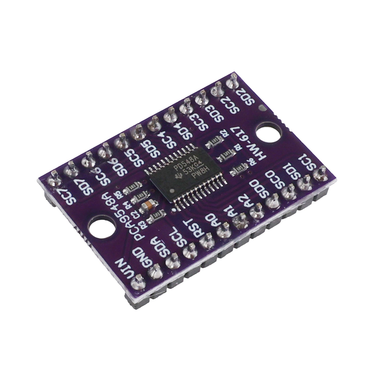 Close-up top view of TCA9548A 1-to-8 I2C multiplexer module with labeled pins and integrated circuit