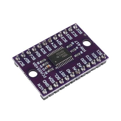 Close-up top view of TCA9548A 1-to-8 I2C multiplexer module with labeled pins and integrated circuit