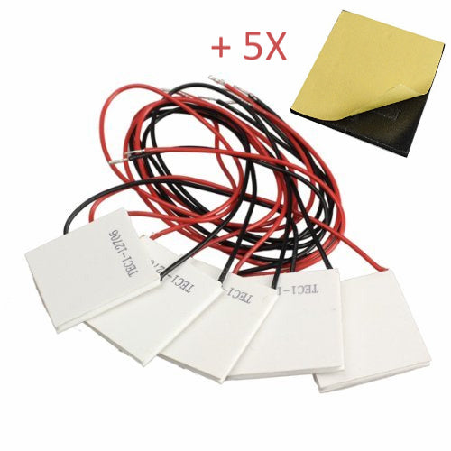 Five TEC1-12706 thermoelectric peltier cooler plates with red and black wires and thermal pads