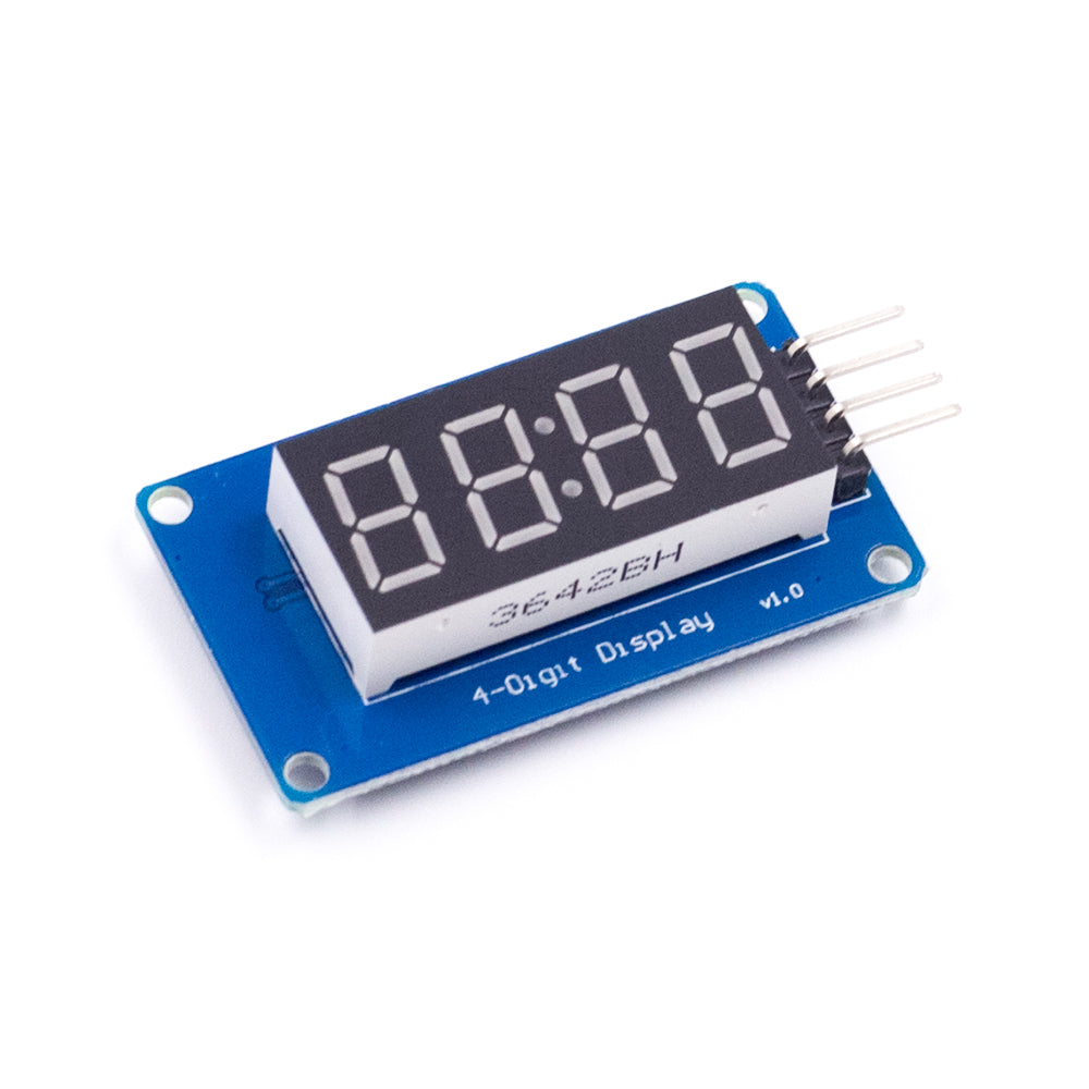 TM1637 4-digit red LED display module with four pins on blue PCB for Arduino and electronics projects