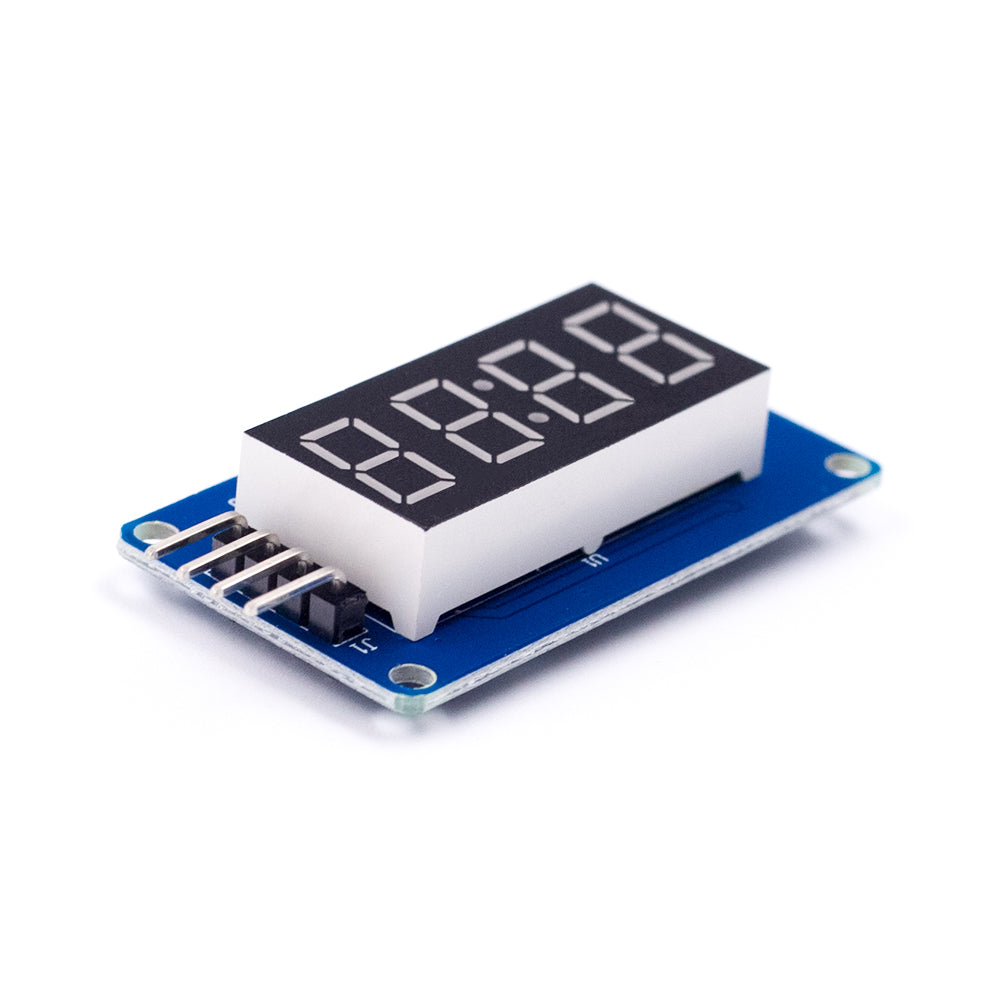 TM1637 4-bit red LED digital display module with four digits and blue PCB