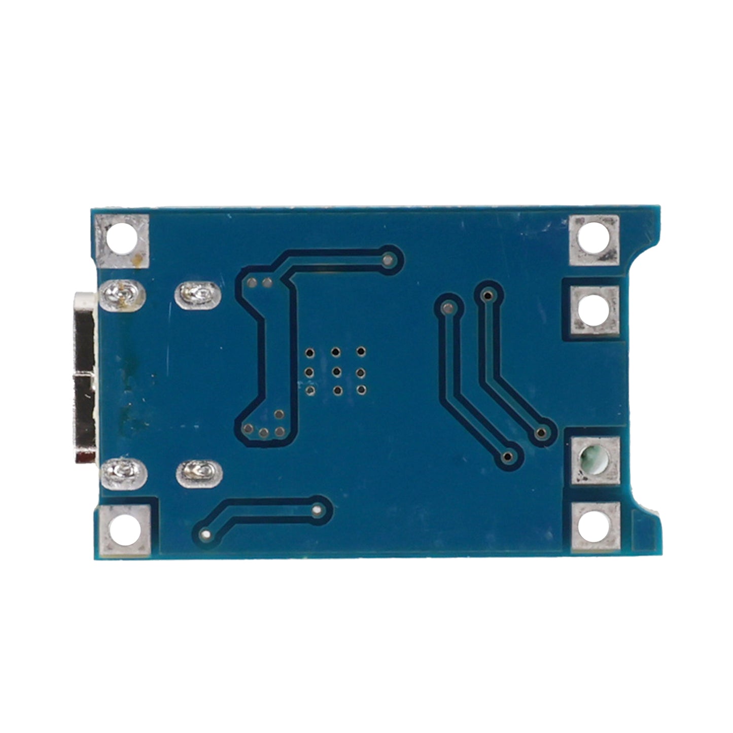 Back side of TP4056 1A LiPo battery charging board showing solder pads and circuit traces