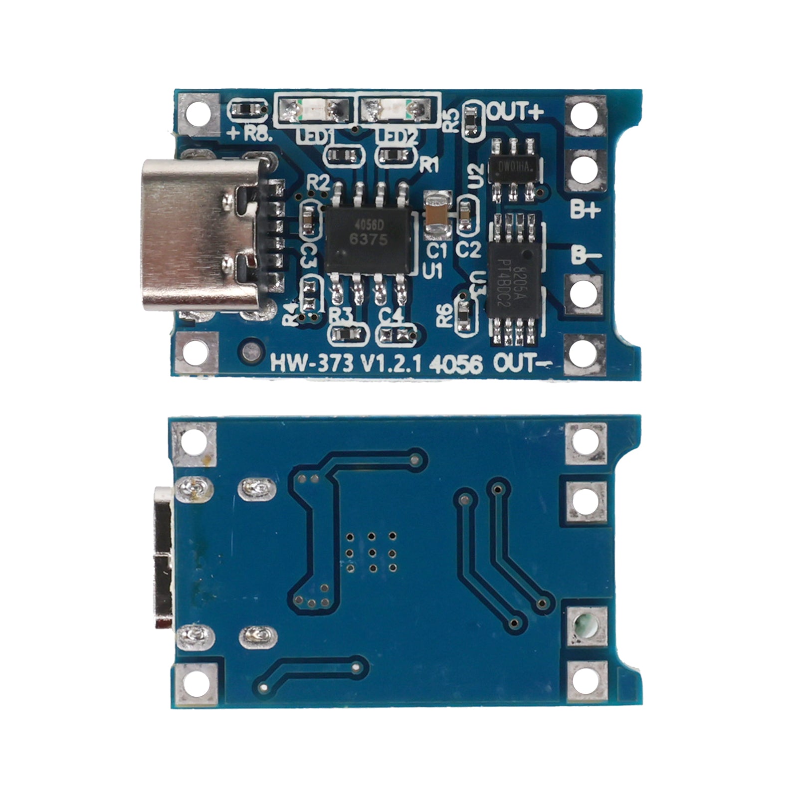TP4056 1A LiPo battery charging board with USB Type-C port showing front and back sides