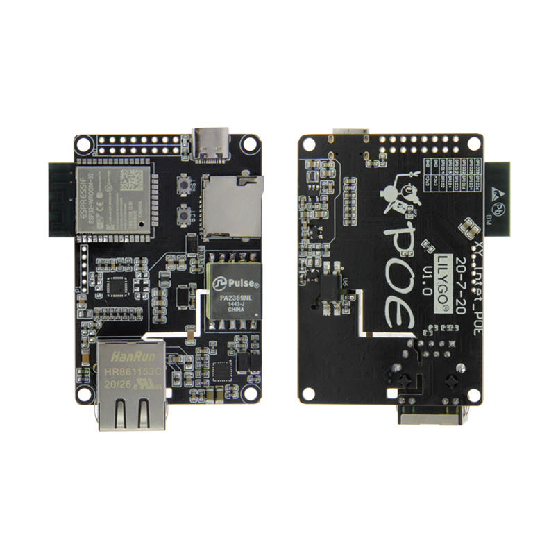 TTGO T-Internet-POE ESP32 Ethernet development board showing front and back with LAN8720A chip and USB-C port