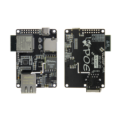 TTGO T-Internet-POE ESP32 Ethernet development board showing front and back with LAN8720A chip and USB-C port