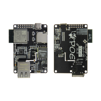 TTGO T-Internet-POE ESP32 Ethernet development board showing front and back with LAN8720A chip and USB-C port