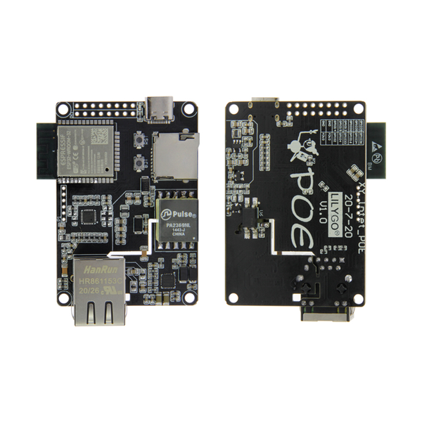 TTGO T-Internet-POE ESP32 Ethernet development board showing front and back with LAN8720A chip and USB-C port