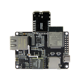 TTGO T-Internet-POE ESP32 Ethernet development board with LAN8720A chip showing USB, Ethernet port, and ESP32-WROOM-32 module