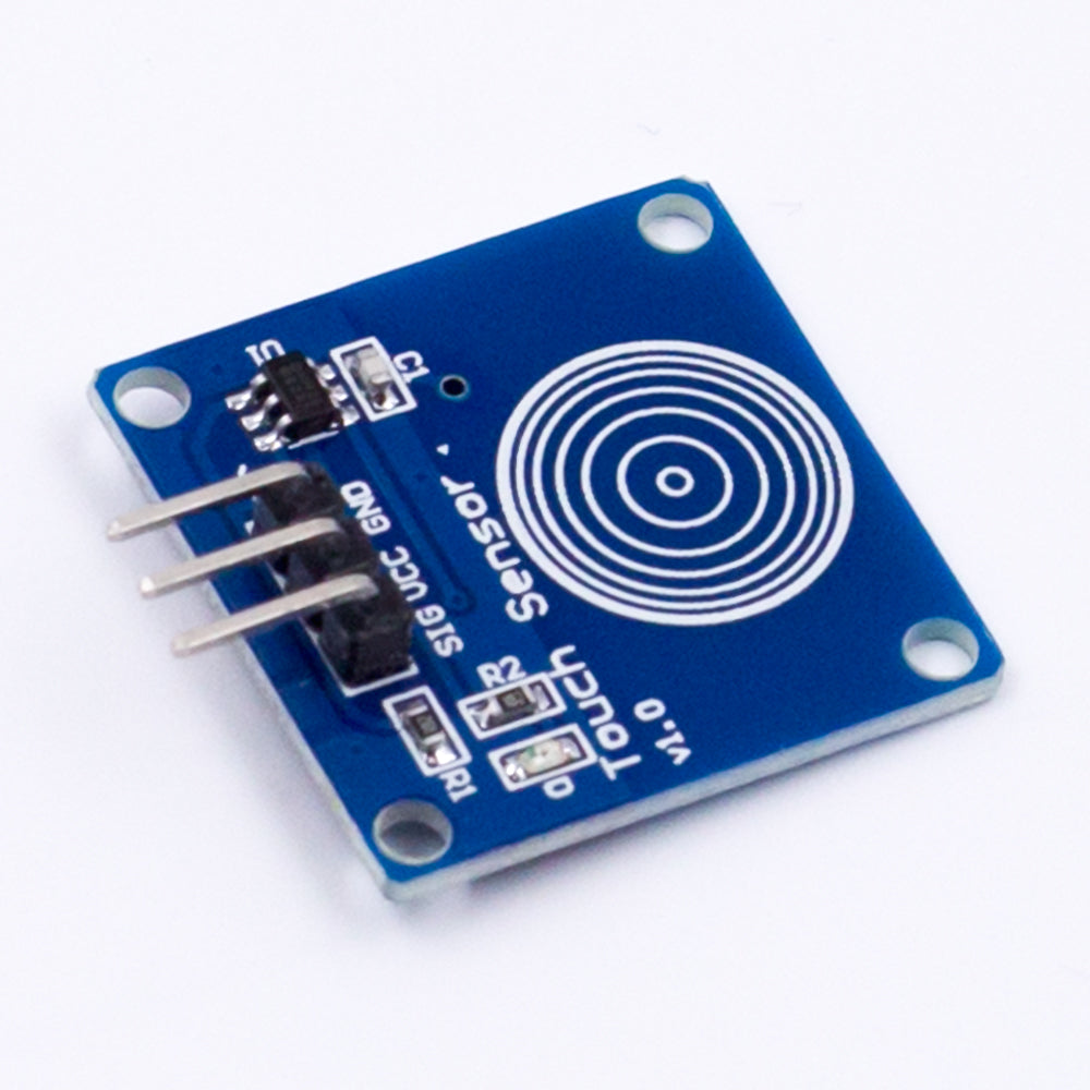 TTP223B capacitive touch switch sensor module with blue PCB and three pin headers angled view