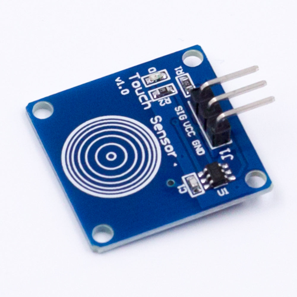 TTP223B capacitive touch switch sensor module with blue PCB and three-pin header for Arduino projects