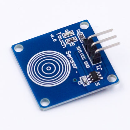 TTP223B capacitive touch switch sensor module with blue PCB and three-pin header for Arduino projects