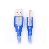 Blue USB 2.0 A to B male printer cable with transparent connectors and visible wiring