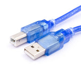 Blue USB 2.0 A-B male printer cable with transparent connectors and 0.5 meter length