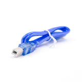 Coiled blue USB 2.0 A-B male printer cable 0.5 meters with translucent connectors