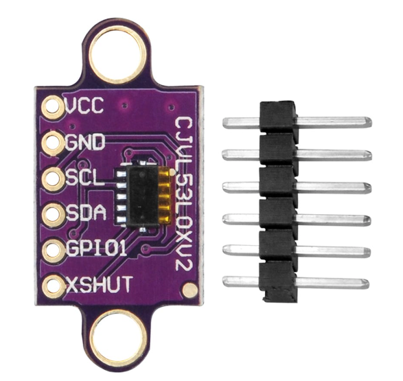 VL53L0X Time-of-Flight laser ranging sensor module pinout diagram showing VCC, GND, SCL, SDA, GPIO1, and XSHUT pins