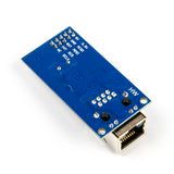 W5500 SPI Ethernet network module showing back side with labeled pin headers and RJ45 connector