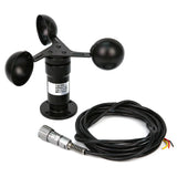 Black wind speed sensor anemometer with three cups and long attached cable with connector