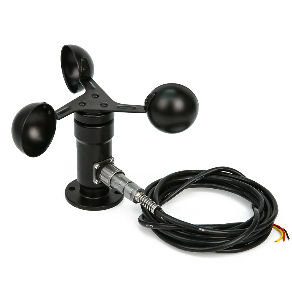 Black wind speed sensor anemometer with three cups and attached long black cable with exposed wires