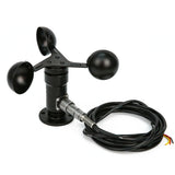 Black wind speed sensor anemometer with three cups and attached long black cable with exposed wires