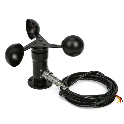 Black wind speed sensor anemometer with three cups and attached long black cable with exposed wires