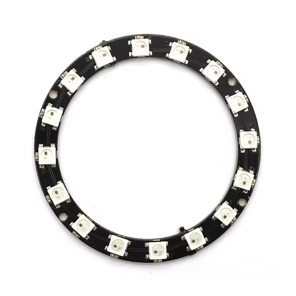 WS2812 16-LED RGB ring with black PCB for customizable color lighting projects