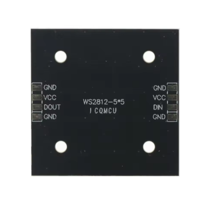 Back side of WS2812B 5x5 RGB LED matrix module showing pin labels and mounting holes