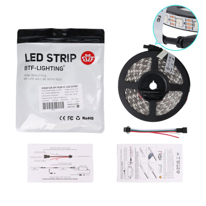 WS2812B LED strip roll with packaging, wiring connector, and instruction sheets for installation