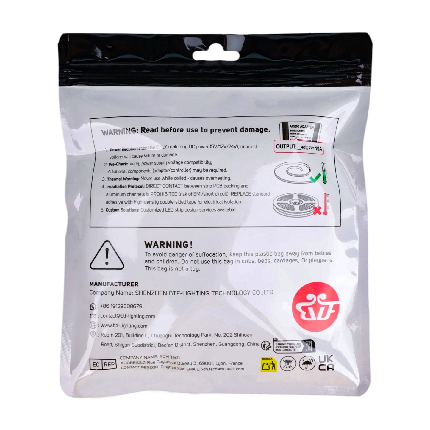 Back of WS2812B LED strip packaging showing warnings, manufacturer info, and installation instructions