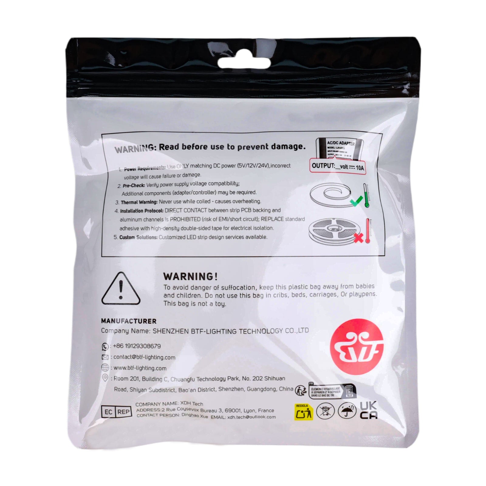 Back of WS2812B LED strip packaging showing warnings, manufacturer info, and installation instructions
