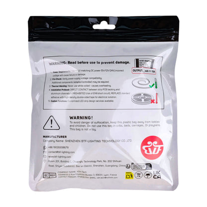 Back of WS2812B LED strip packaging showing warnings, manufacturer info, and installation instructions
