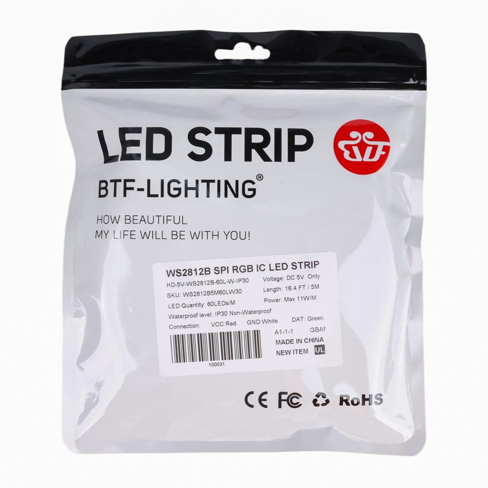 Packaging front view of WS2812B SPI RGB IC LED strip 5 meter roll with product details and certifications