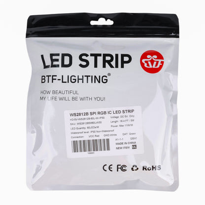 Packaging front view of WS2812B SPI RGB IC LED strip 5 meter roll with product details and certifications
