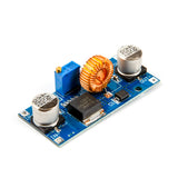 XL4015 adjustable DC-DC step-down module showing coil, capacitors, and blue potentiometer on blue PCB