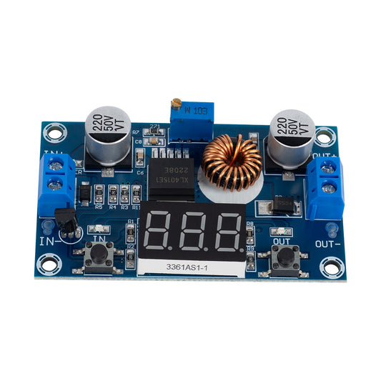 XL4015 adjustable DC-DC step-down module with digital voltmeter display and blue terminal blocks
